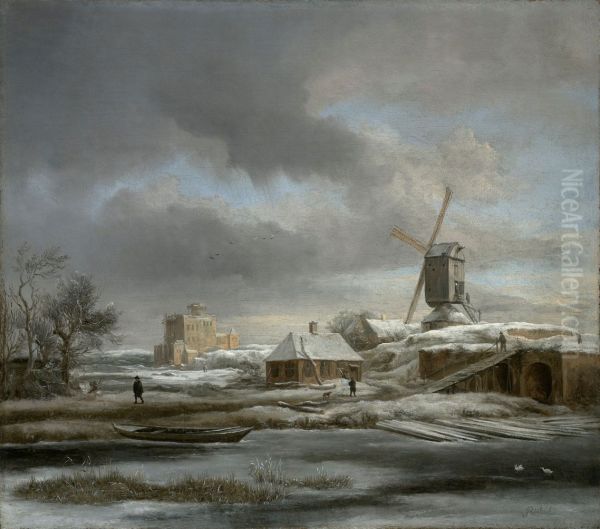Winter landscape with windmill and a house in scaffolding - view 1