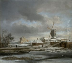 Winter landscape with windmill and a house in scaffolding by Jacob Van Ruisdael