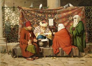 A Turkish notary drawing up a marriage contract in front of the Kilic Ali Pasha Mosque, Tophane, Constantinople by Martinus Rorbye