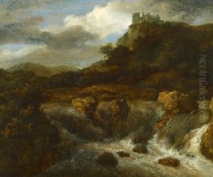 Mountainous landscape with a waterfall, in the background on the right Bentheim castle by Jacob Van Ruisdael