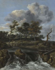 Landscape with waterfall and wooden footbridge by Jacob Van Ruisdael