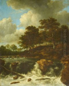 Extensive field landscape with a track and a church in the distance by Jacob Van Ruisdael