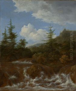 Landscape with waterfall and pine trees by Jacob Van Ruisdael