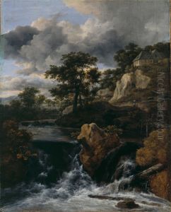 Heuvelig landschap met waterval by Jacob Van Ruisdael
