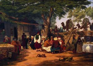 Scene af det offentlige liv i Orienten. Motiv ved karavanebroen i naerheden af Smyrma