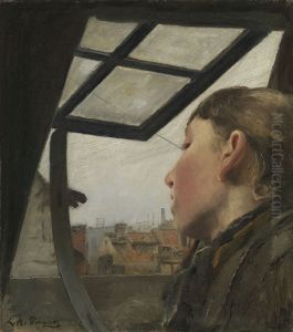 Young girl looking out of a roof window