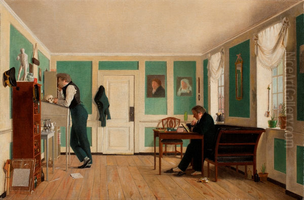 Interior from Amaliegade. Captain Carl Ludvig Bendz standing and Dr. Jacob Christian Bendz seated - view 1