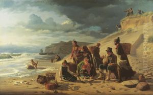 "Fishing families waiting for their men to return from an incipient storm. From Jutland west coast"