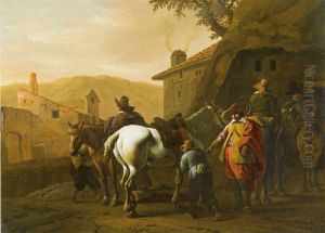 Italian Landscape with travelers at an inn by Pieter van Laer