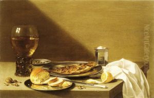 Still Life with Walnut, Bread, and Herring with Silver Salt Cellar and Glass of Wine