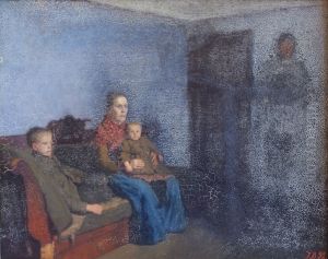 Sult. Interior med en siddende kone og to born Sult. Interior med en siddende kone og to born