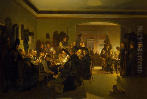 Artists in Finck's Coffee House, painted by Wilhelm Bendz while he lived in Munich in 1831-32. Bendz is himself seen in the picture as number two from the right - view 1