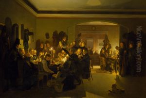 Artists in Finck's Coffee House, painted by Wilhelm Bendz while he lived in Munich in 1831-32. Bendz is himself seen in the picture as number two from the right by Wilhelm Bendz