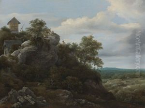 Lanscape with houses on a rocky hill with a view of a plain beyond by Jacob Van Ruisdael