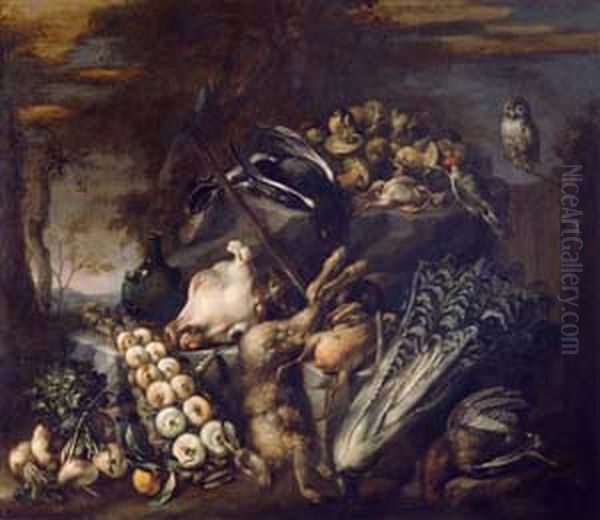 Dispensa con ortaggi, funghi, selvaggina, testa di vitello e civetta - view 1