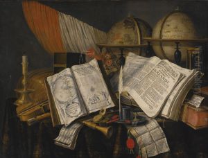 Vanitas Still Life with a Candlestick, Musical Instruments, Dutch Books, a Writing Set, an Astrological and a Terrestial Globe and an Hourglass, All on a Draped Table by Evert Collier