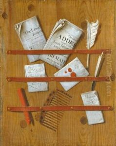 A Trompe l'Oeil of Newspapers, Letters and Writing Implements on a Wooden Board A Trompe l'Oeil of Newspapers, Letters and Writing Implements on a Wooden Board