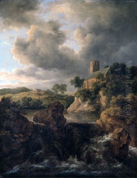 A mountain torrent with a church beyond - view 1