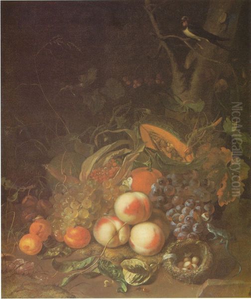 Fruit still life with a bird's nest and lizard - view 1