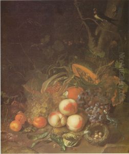 Fruit still life with a bird's nest and lizard by Rachel Ruysch