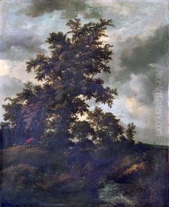 A wooded landscape with a hunt by Jacob Van Ruisdael