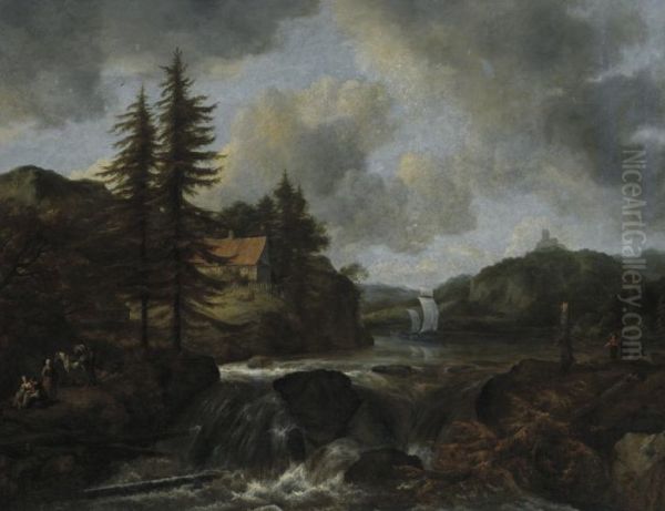 A wooded river landscape with a low waterfall and a sailing ship - view 1