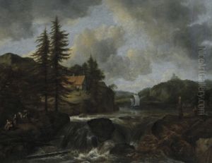 A wooded river landscape with a low waterfall and a sailing ship by Jacob Van Ruisdael