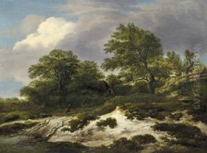 Dune landscape with an old man and a child on a sand track by Jacob Van Ruisdael