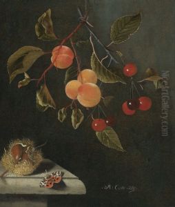 Still life with a butterfly, apricots, cherries and a chestnut by Adriaen Coorte