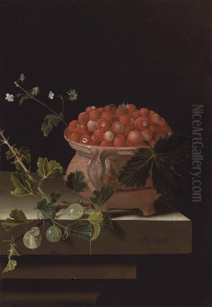 A bowl of strawberries with gooseberries on a stone ledge / Still life with a bowl of strawberries and a spray of gooseberries - view 1