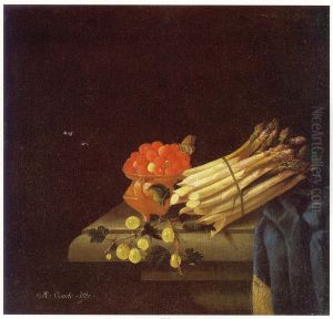 Aardbeien, asperges, kruisbessen en tafellaken op een stenen tafel by Adriaen Coorte