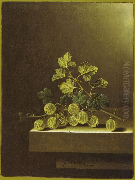 Spray of Green Gooseberries on a Stone Plinth - view 1