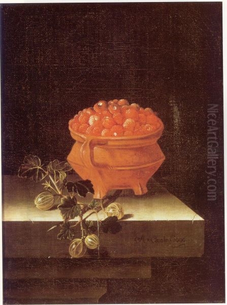 Still life with a bowl of strawberries and a spray of gooseberries - view 1