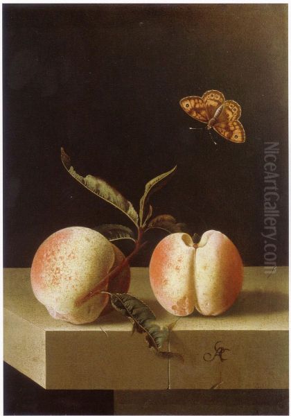 Two peaches and a fritillary butterfly on a stone plinth - view 1