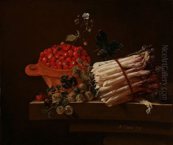 A Pot of Strawberries, Gooseberries, and a Bundle of Asparagus on a Stone Plinth - view 1