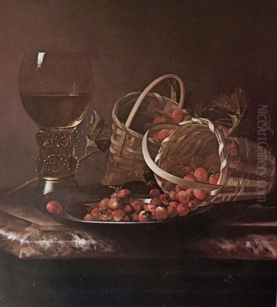 Strawberries and red currants with a roemer on a marble ledge - view 1