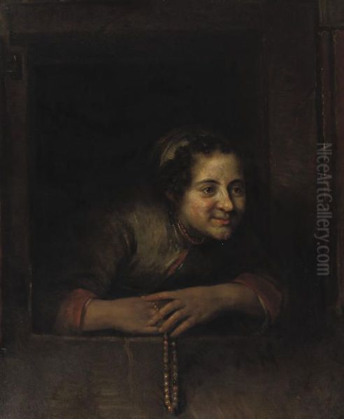 Girl leaning out of a window - view 1