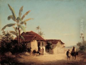 Tropisk landskab med palmer og hytteFrancais :Paysage tropical avec masureset palmiers[1], Paysage avec masures et palmiers[2]Espanol:Paisaje tropical con casas rurales y palmeras.[1]English:Landscape with Farmhouses and Palm Trees[2] by Camille Pissarro