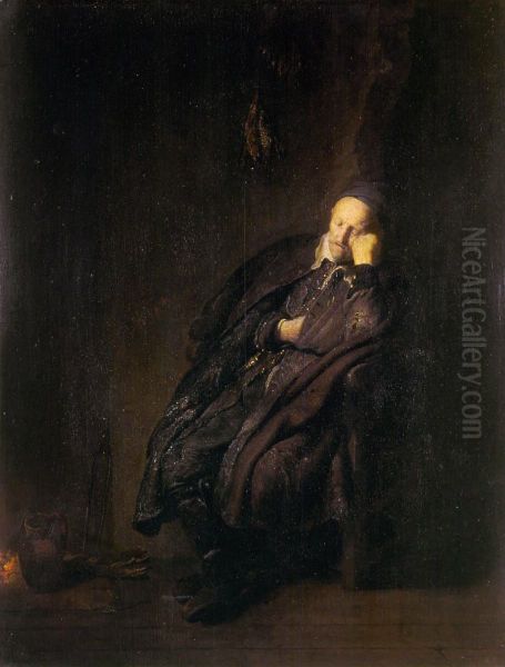 An old man asleep by a fire - view 1