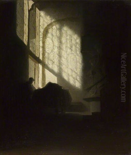 A Man seated reading at a Table in a Lofty Room - view 1