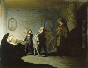 Interior with figures, called 'La main chaude' by Rembrandt