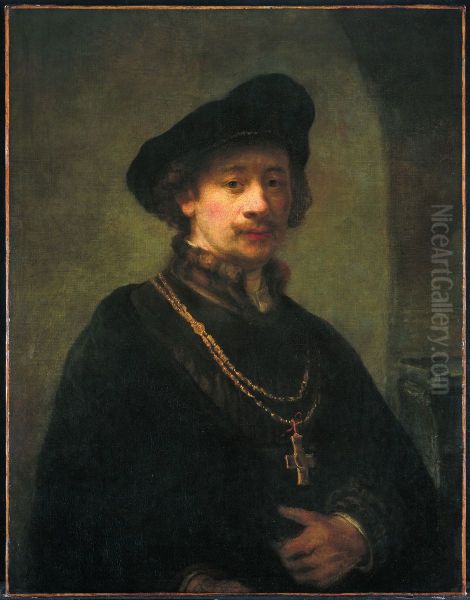 Self-portrait with beret, gold chain, and cross - view 1