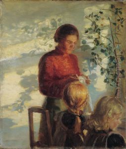 Two little girls being taught how to sew by Anna Ancher