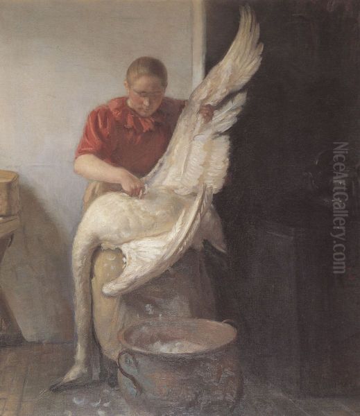 En ung pige, der plukker en svane. - view 1