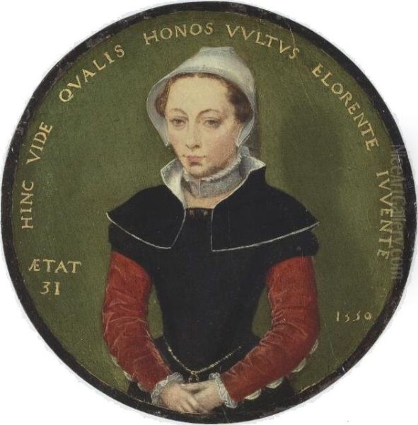 Portrait of a thirty-one year old woman half-length, wearing a black dress with red sleeves - view 1
