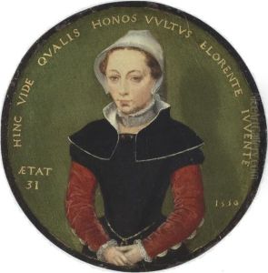 Portrait of a thirty-one year old woman half-length, wearing a black dress with red sleeves Portrait of a thirty-one year old woman half-length, wearing a black dress with red sleeves