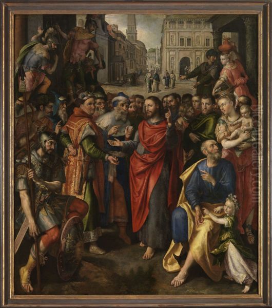 De tolpenning (Matteus 17:24-27; links), de cijnspenning (Lucas 20:21-26; midden), de parabel van de arme weduwe (Marcus 21:41-44; rechts) (Altaar van het muntmakersambacht) - view 1