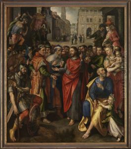 De tolpenning (Matteus 17:24-27; links), de cijnspenning (Lucas 20:21-26; midden), de parabel van de arme weduwe (Marcus 21:41-44; rechts) (Altaar van het muntmakersambacht) by Maerten De Vos