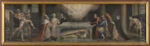 Hendrik IV van Castilie en zijn dochter vinden genezing aan de heilige Didacus' graf by Maerten De Vos