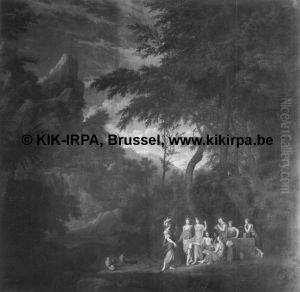 Minerva en de muzen in een landschap by Abraham Genoels